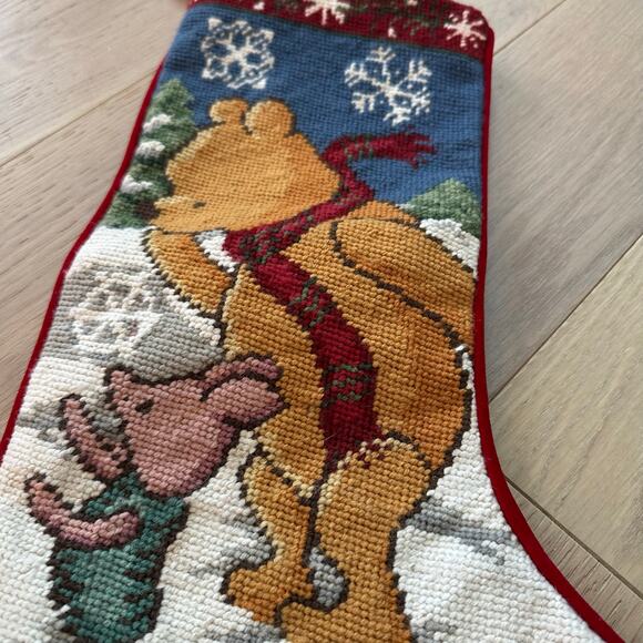 Classic Pooh & Piglet Needlepoint Christmas Stocking Snow Tree 17” Rare Disney - Picture 5 of 7